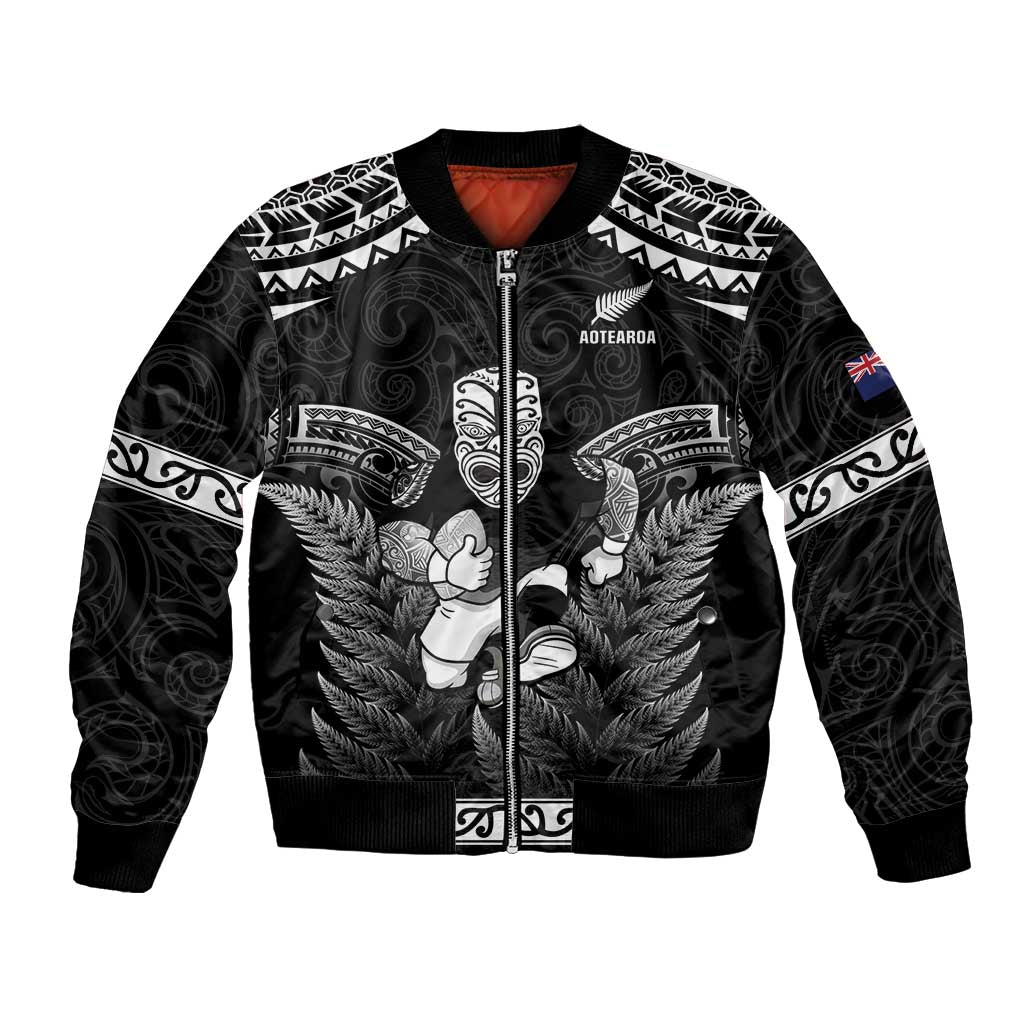 Custom New Zealand Maori Tiki Rugby Bomber Jacket Go Aotearoa Maori Pattern LT05 Unisex Black - Polynesian Pride