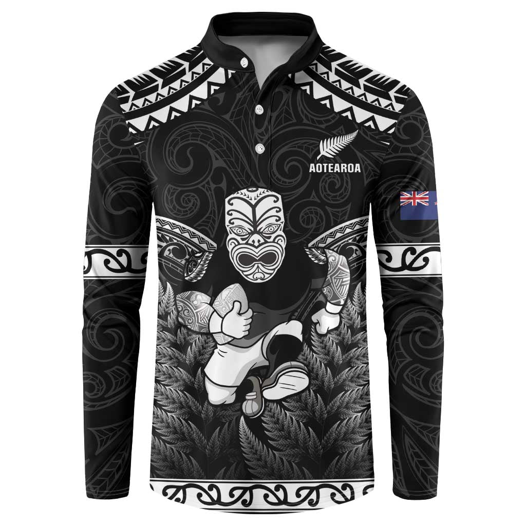 Custom New Zealand Maori Tiki Rugby Button Sweatshirt Go Aotearoa Maori Pattern LT05 Black - Polynesian Pride