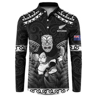 Custom New Zealand Maori Tiki Rugby Button Sweatshirt Go Aotearoa Maori Pattern LT05 Black - Polynesian Pride