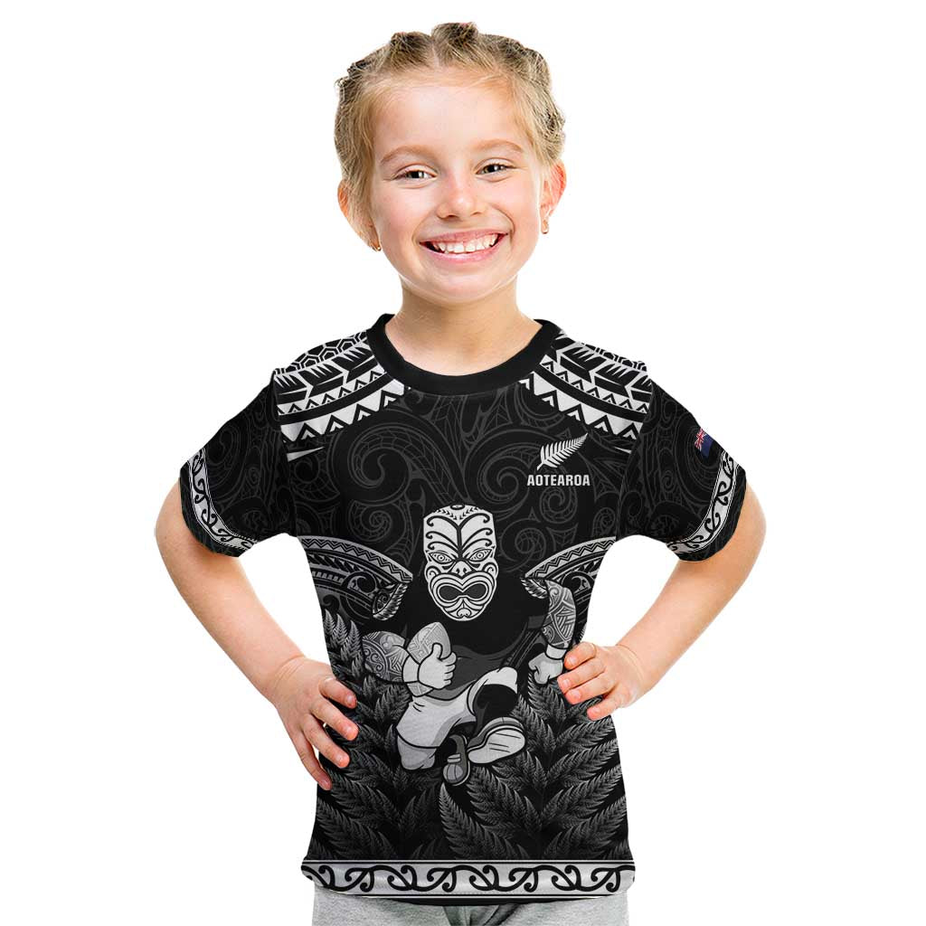 Custom New Zealand Maori Tiki Rugby Kid T Shirt Go Aotearoa Maori Pattern LT05 Black - Polynesian Pride