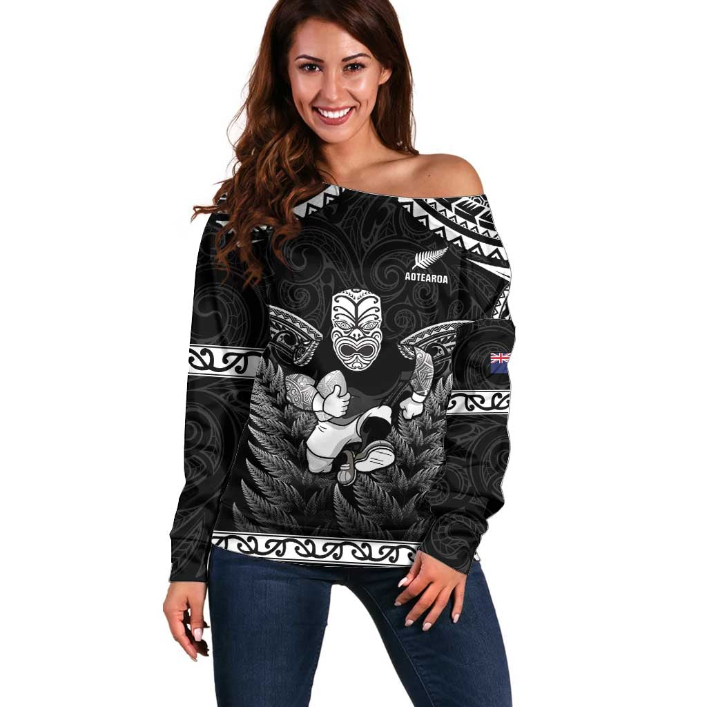 Custom New Zealand Maori Tiki Rugby Off Shoulder Sweater Go Aotearoa Maori Pattern LT05 Women Black - Polynesian Pride