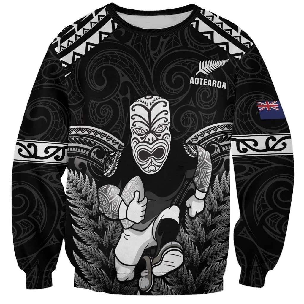 Custom New Zealand Maori Tiki Rugby Sweatshirt Go Aotearoa Maori Pattern LT05 Unisex Black - Polynesian Pride