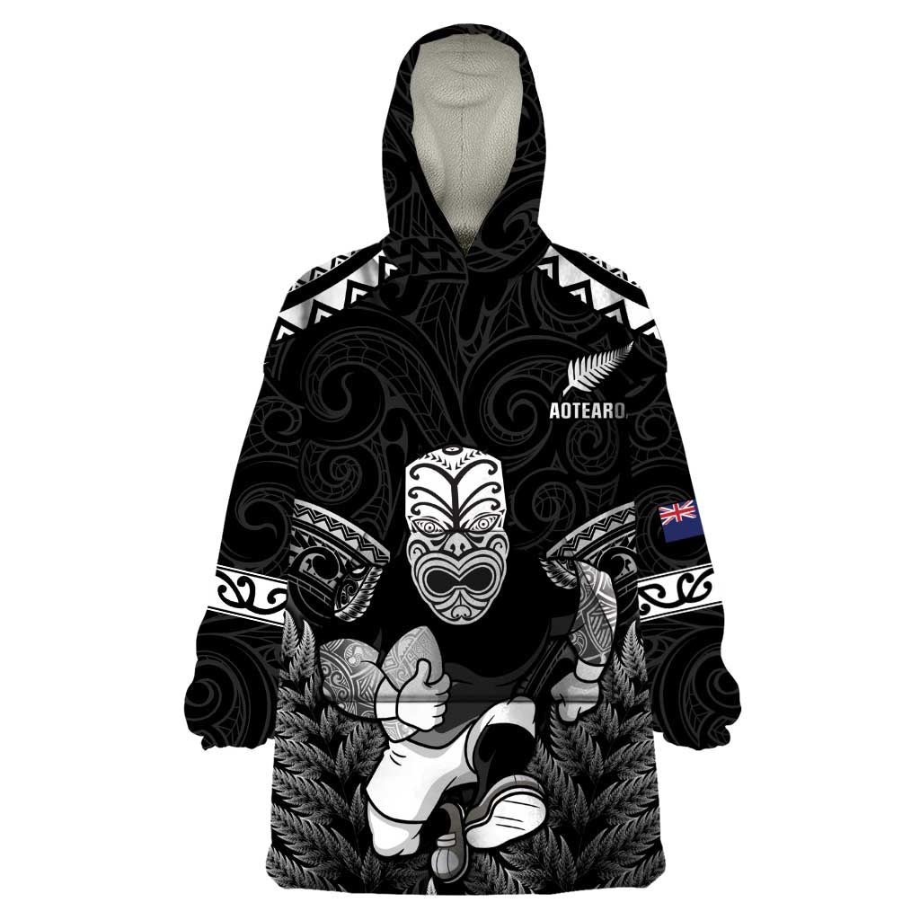 Custom New Zealand Maori Tiki Rugby Wearable Blanket Hoodie Go Aotearoa Maori Pattern LT05 One Size Black - Polynesian Pride