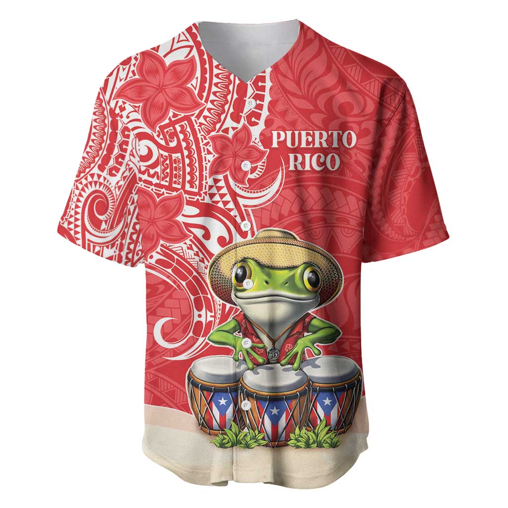 Personalized Puerto Rico Baseball Jersey Coqui Frog With Polynesian Pattern LT05 Red - Polynesian Pride