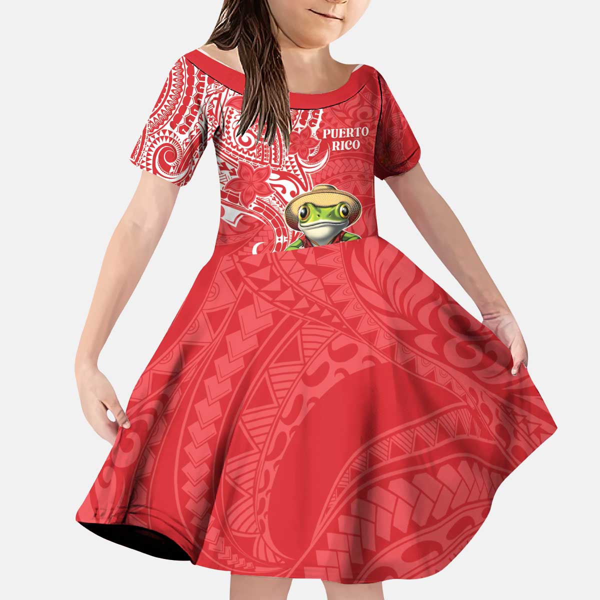 Personalized Puerto Rico Kid Short Sleeve Dress Coqui Frog With Polynesian Pattern LT05 KID Red - Polynesian Pride