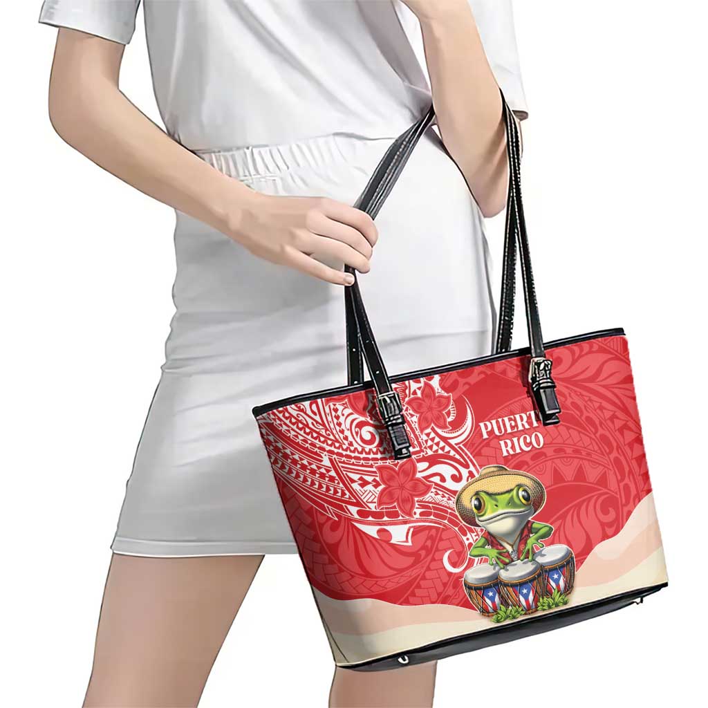 Puerto Rico Leather Tote Bag Coqui Frog With Polynesian Pattern LT05 - Polynesian Pride