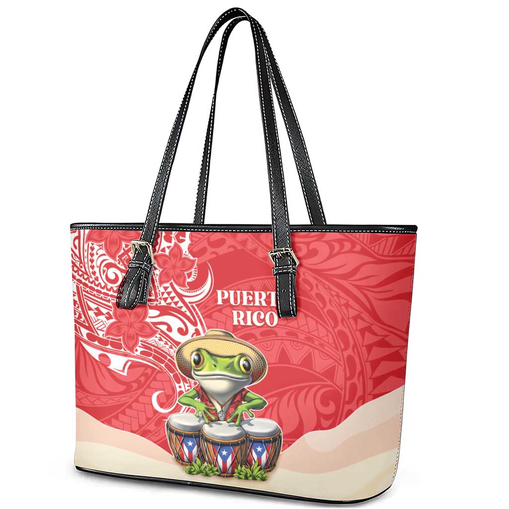 Puerto Rico Leather Tote Bag Coqui Frog With Polynesian Pattern LT05 - Polynesian Pride
