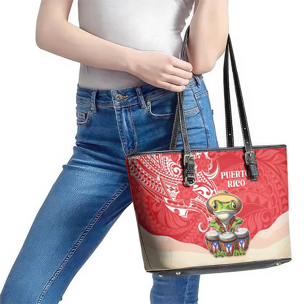 Puerto Rico Leather Tote Bag Coqui Frog With Polynesian Pattern LT05 - Polynesian Pride