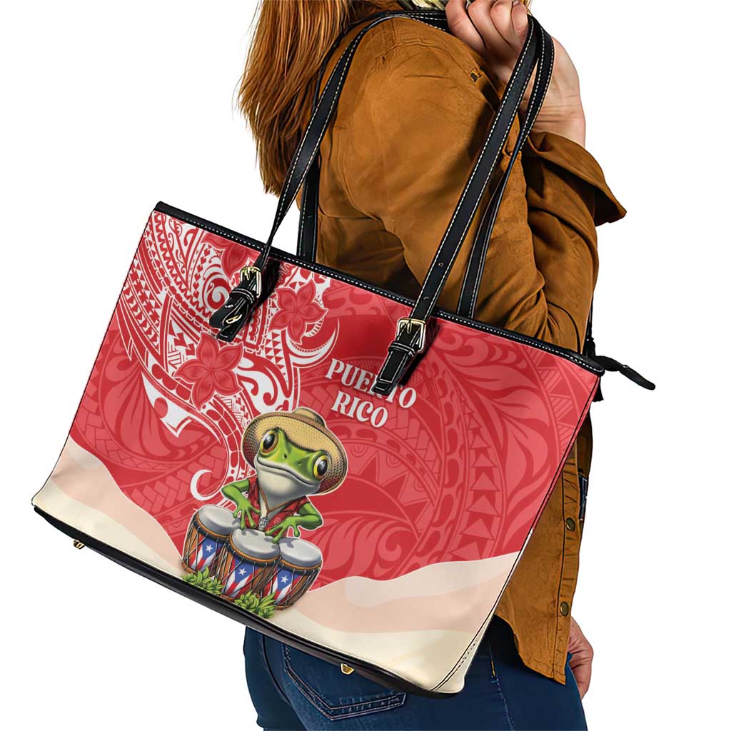 Puerto Rico Leather Tote Bag Coqui Frog With Polynesian Pattern LT05 - Polynesian Pride