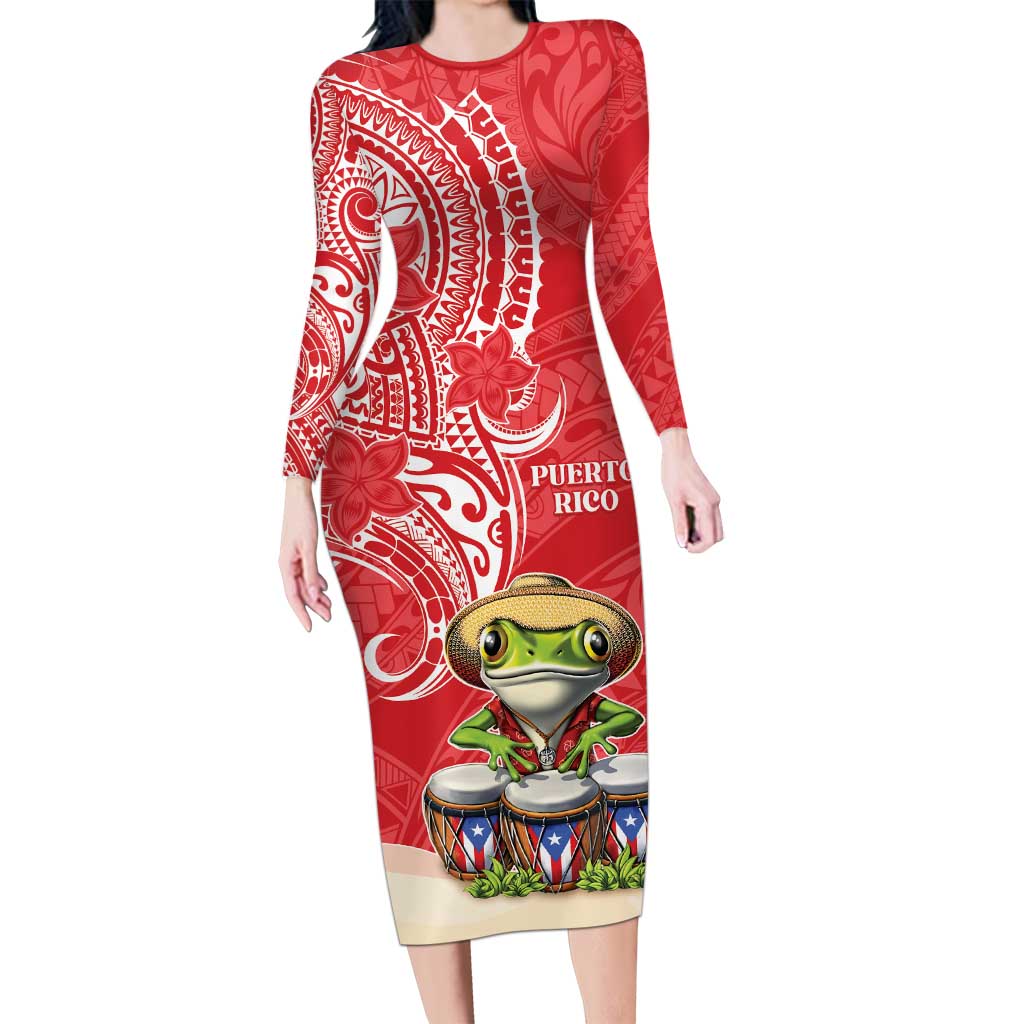Personalized Puerto Rico Long Sleeve Bodycon Dress Coqui Frog With Polynesian Pattern LT05 Long Dress Red - Polynesian Pride