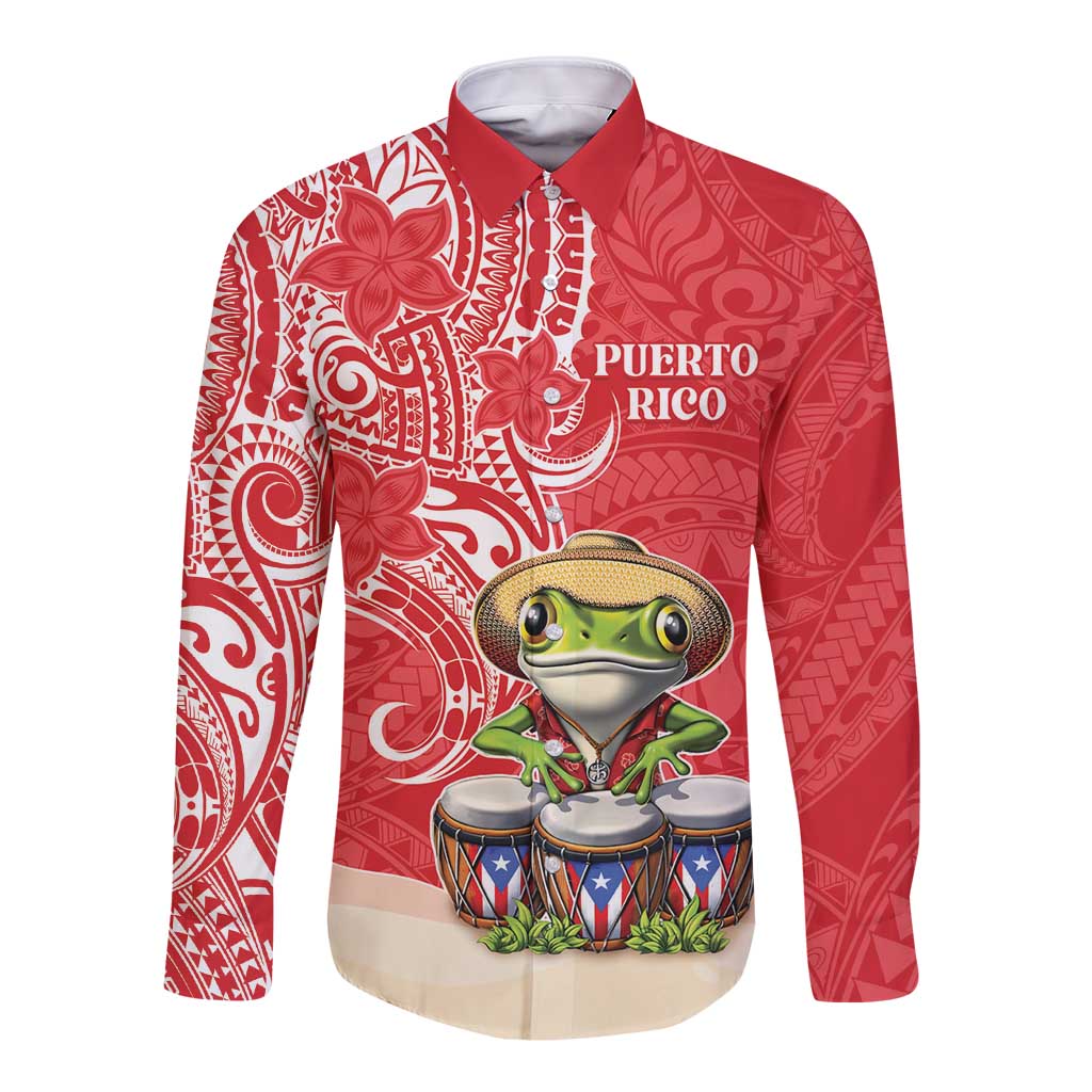 Personalized Puerto Rico Long Sleeve Button Shirt Coqui Frog With Polynesian Pattern LT05 Unisex Red - Polynesian Pride