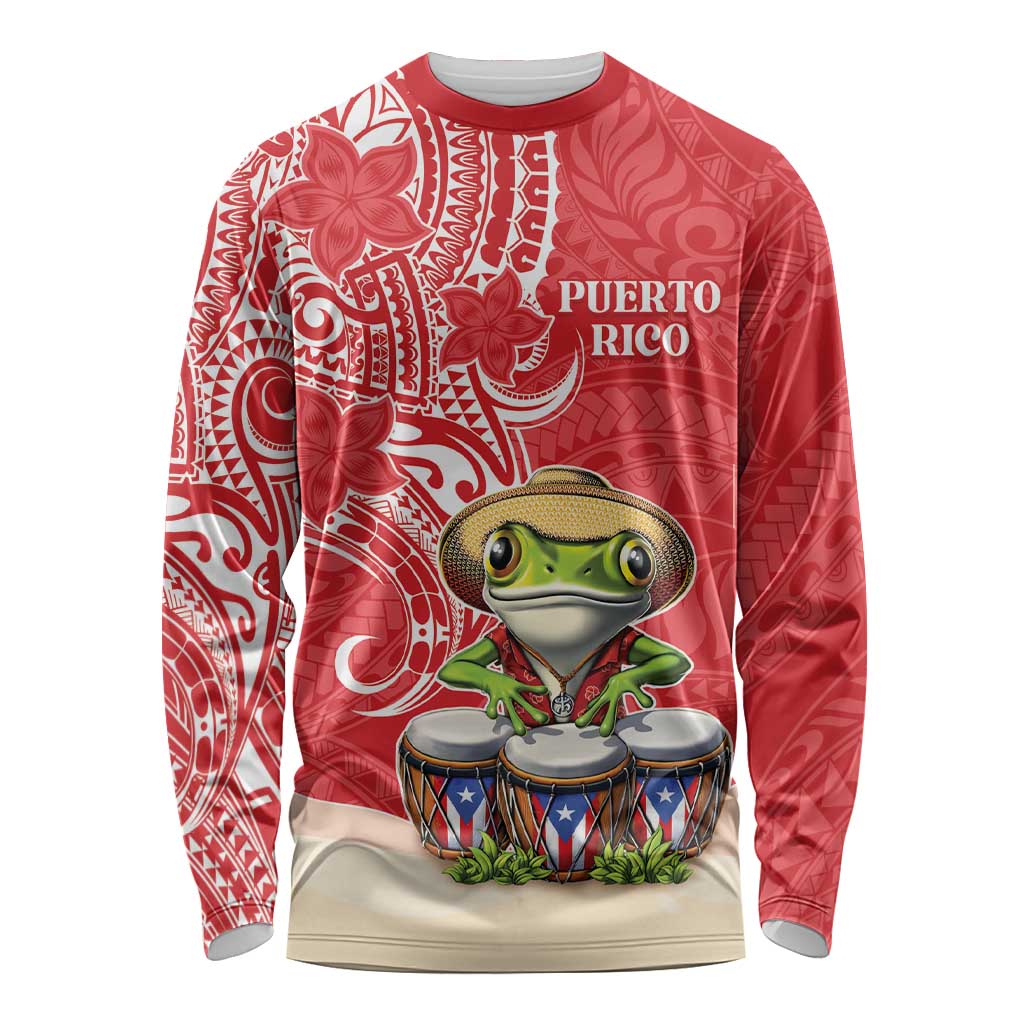 Personalized Puerto Rico Long Sleeve Shirt Coqui Frog With Polynesian Pattern LT05 Unisex Red - Polynesian Pride