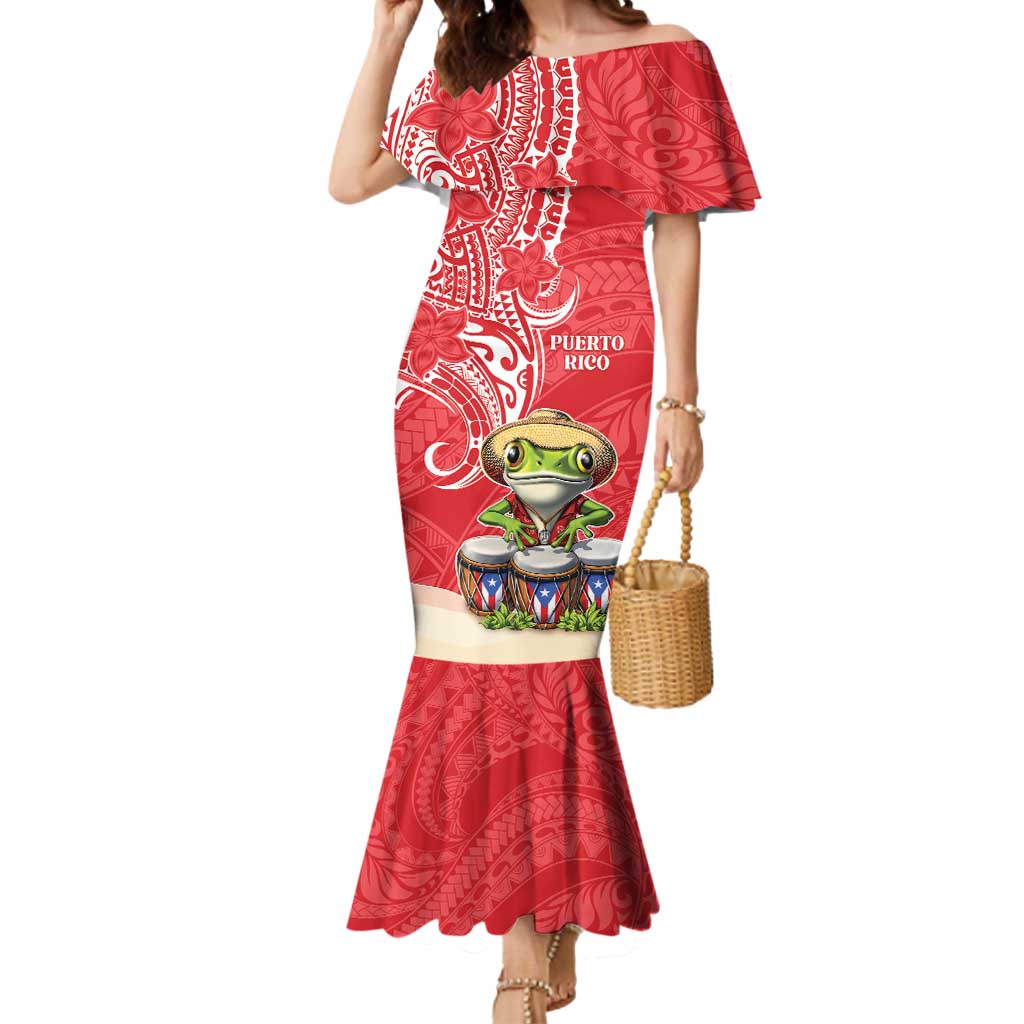 Personalized Puerto Rico Mermaid Dress Coqui Frog With Polynesian Pattern LT05 Women Red - Polynesian Pride