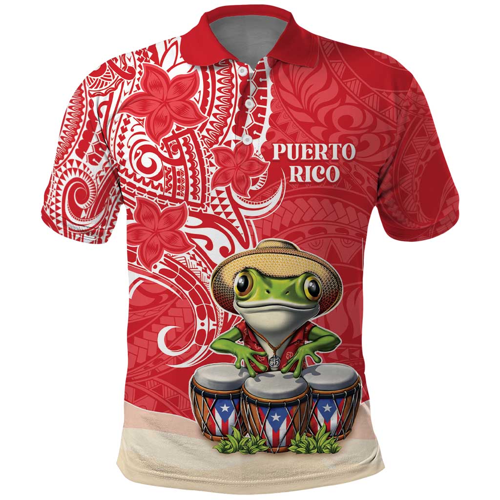 Personalized Puerto Rico Polo Shirt Coqui Frog With Polynesian Pattern LT05 Red - Polynesian Pride