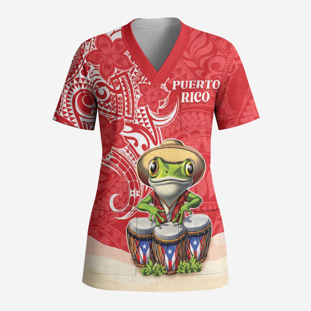 Personalized Puerto Rico Scrub Top Coqui Frog With Polynesian Pattern LT05 Adult Red - Polynesian Pride