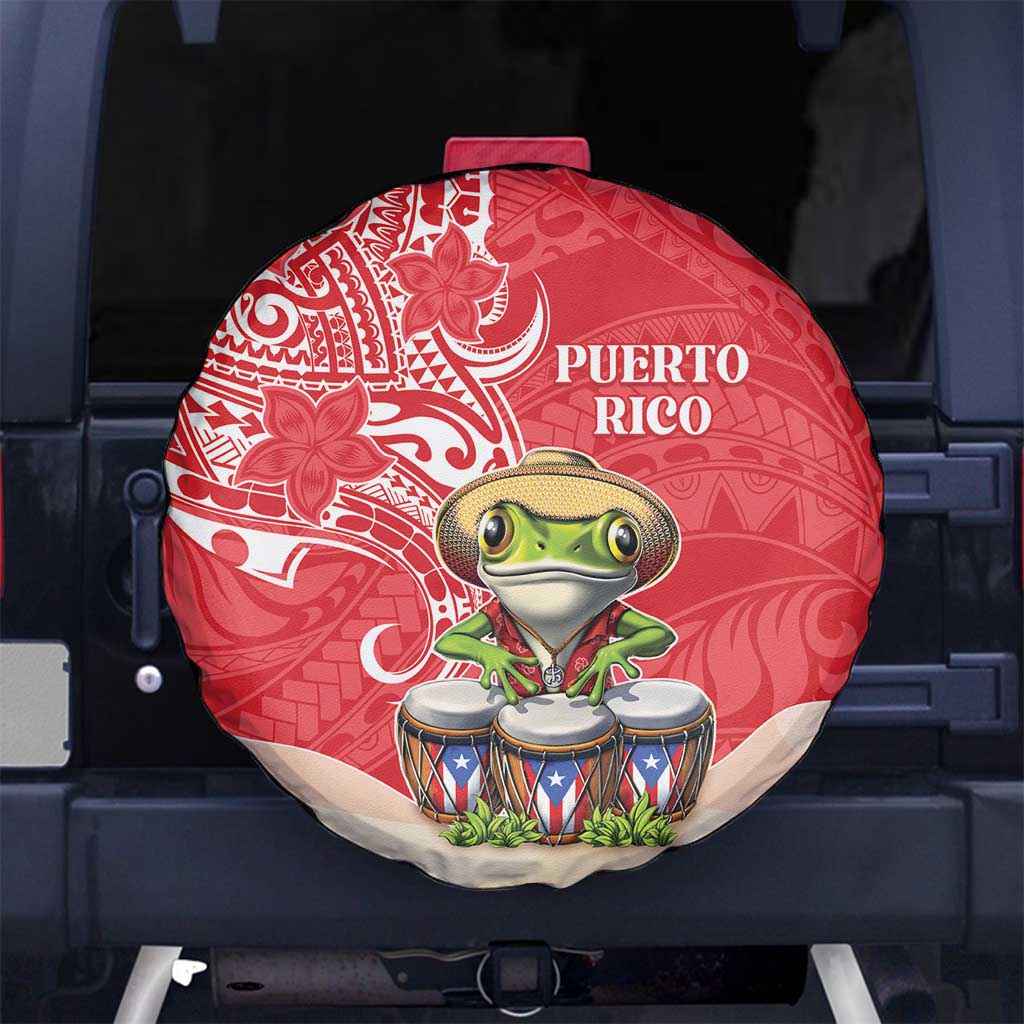 Puerto Rico Spare Tire Cover Coqui Frog With Polynesian Pattern LT05 No hole Red - Polynesian Pride