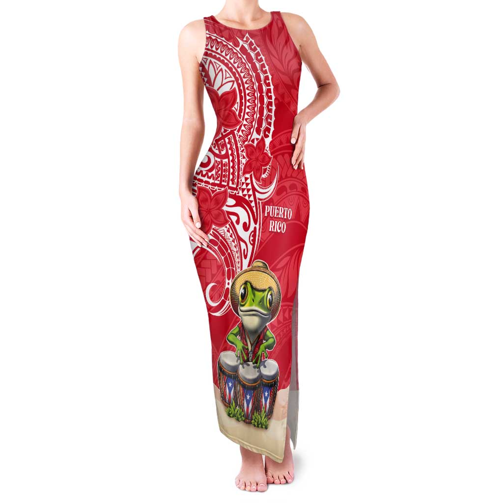 Personalized Puerto Rico Tank Maxi Dress Coqui Frog With Polynesian Pattern LT05 Women Red - Polynesian Pride