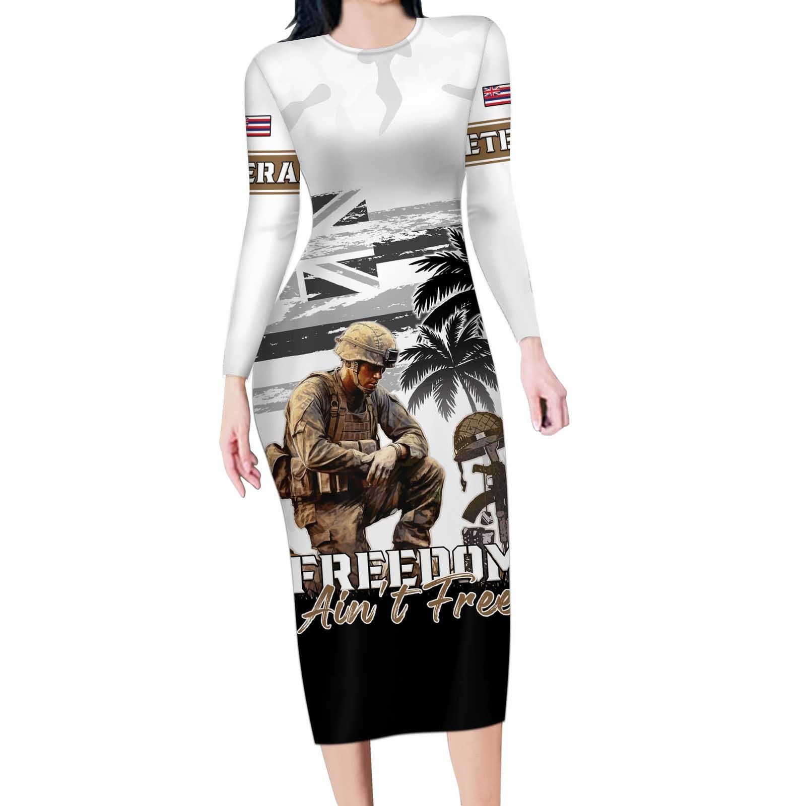 Hawaii Veterans Day Long Sleeve Bodycon Dress Honor The Fallen Flag Grunge Style LT05 Long Dress White - Polynesian Pride