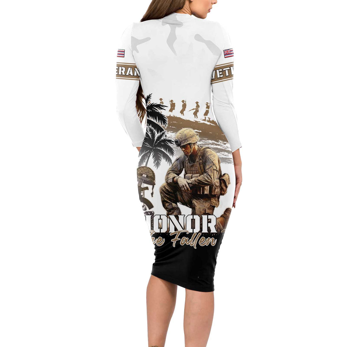 Hawaii Veterans Day Long Sleeve Bodycon Dress Honor The Fallen Flag Grunge Style LT05 - Polynesian Pride