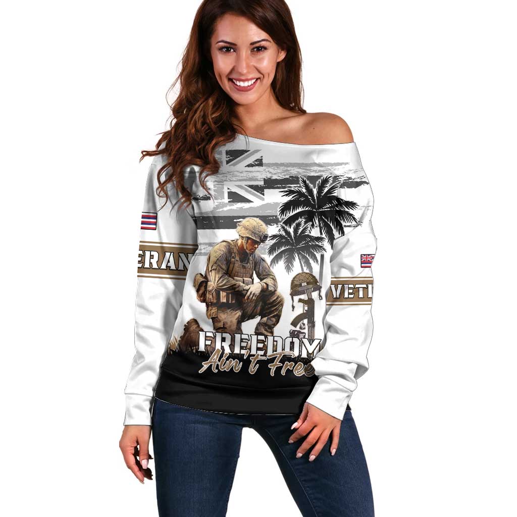 Hawaii Veterans Day Off Shoulder Sweater Honor The Fallen Flag Grunge Style LT05 Women White - Polynesian Pride