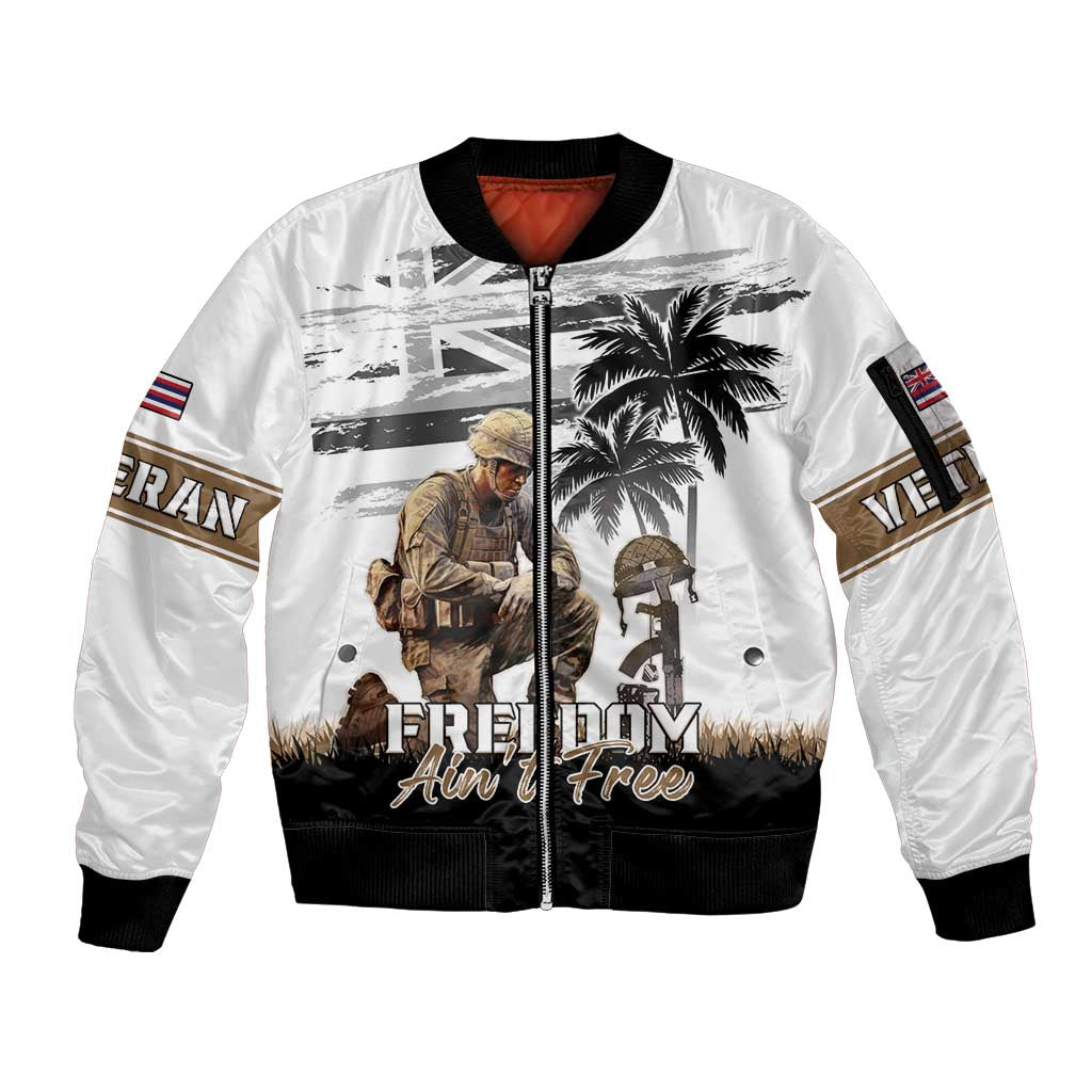 Hawaii Veterans Day Sleeve Zip Bomber Jacket Honor The Fallen Flag Grunge Style LT05 Unisex White - Polynesian Pride