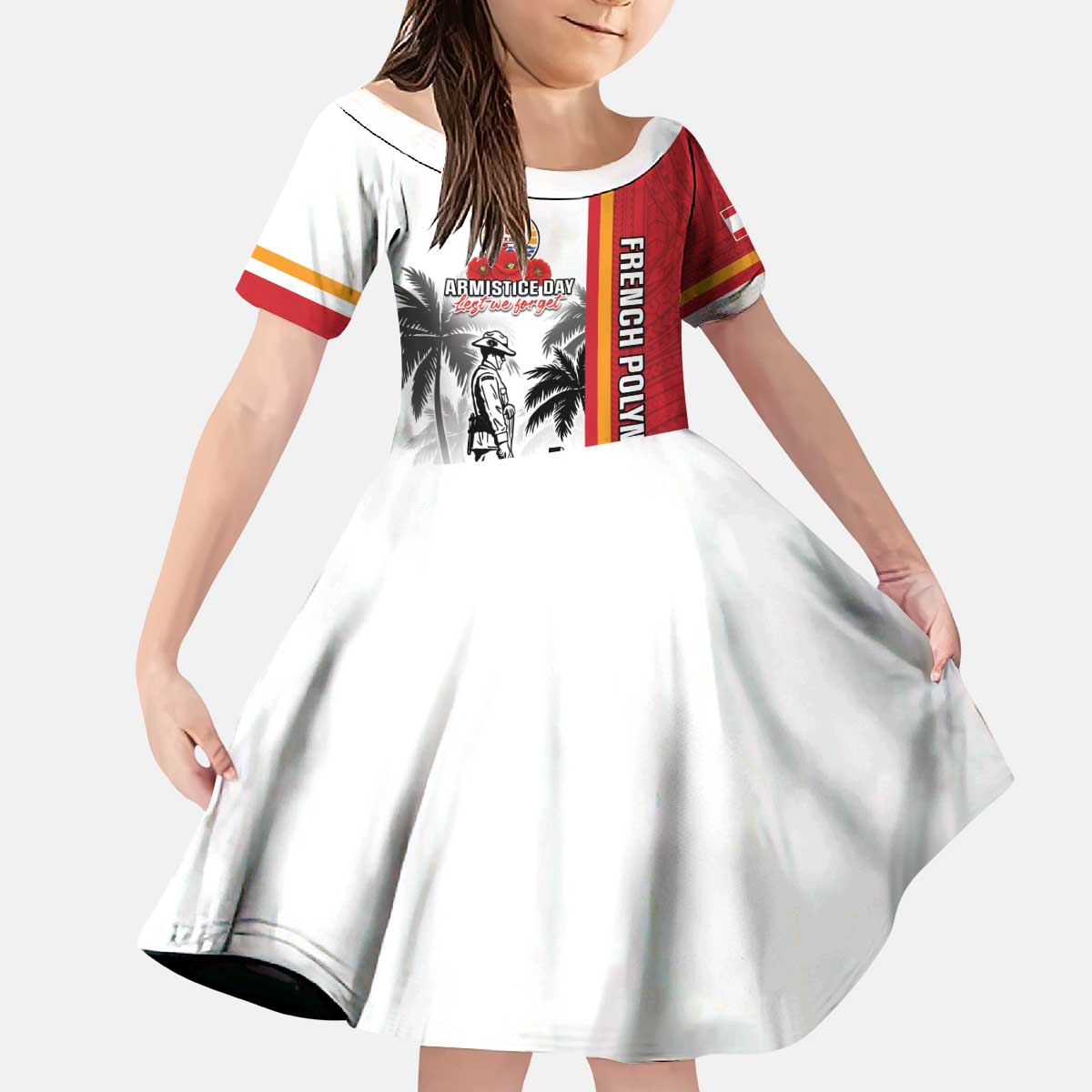 French Polynesia Armistice Day Kid Short Sleeve Dress Lest We Forget Flag Style LT05 KID Red - Polynesian Pride