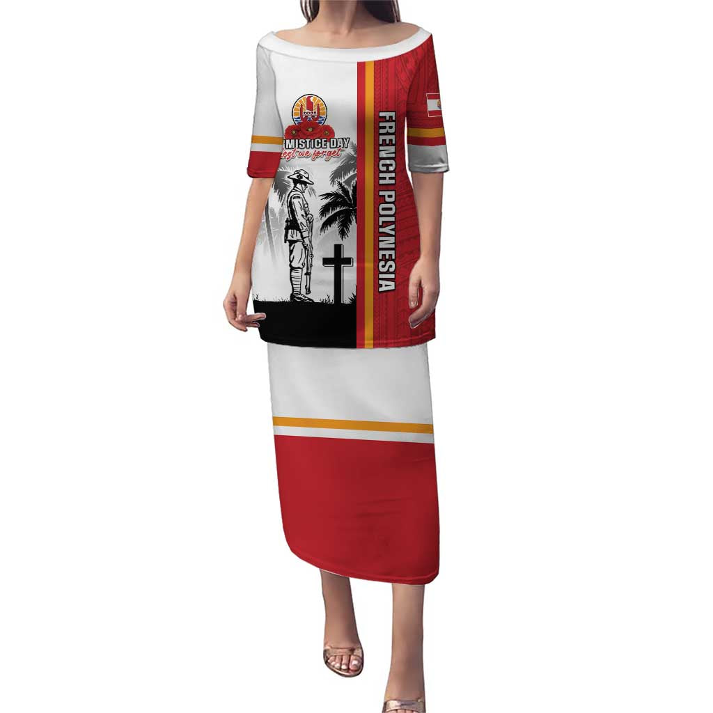 French Polynesia Armistice Day Puletasi Lest We Forget Flag Style LT05 Long Dress Red - Polynesian Pride