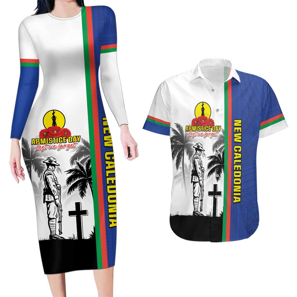 New Caledonia Armistice Day Couples Matching Long Sleeve Bodycon Dress and Hawaiian Shirt Lest We Forget Flag Style