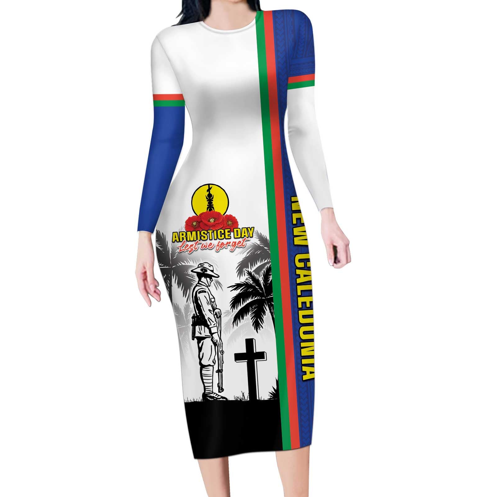 New Caledonia Armistice Day Long Sleeve Bodycon Dress Lest We Forget Flag Style