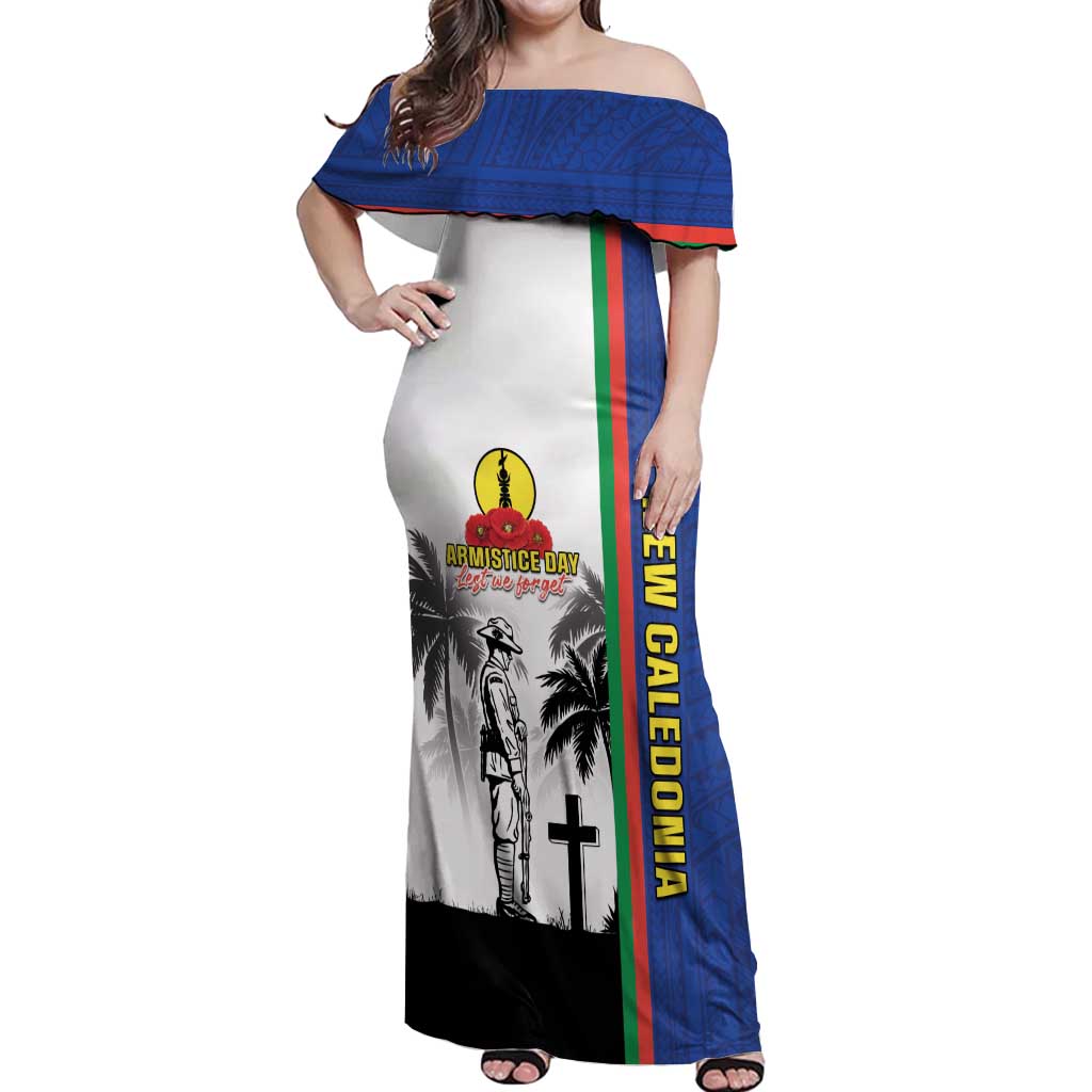 New Caledonia Armistice Day Off Shoulder Maxi Dress Lest We Forget Flag Style