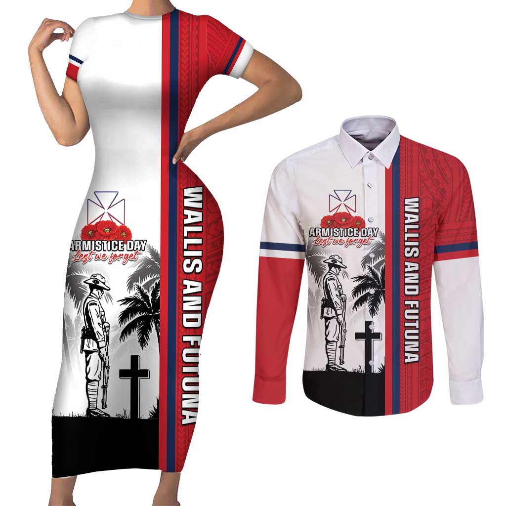 Wallis and Futuna Armistice Day Couples Matching Short Sleeve Bodycon Dress and Long Sleeve Button Shirt Lest We Forget Flag Style