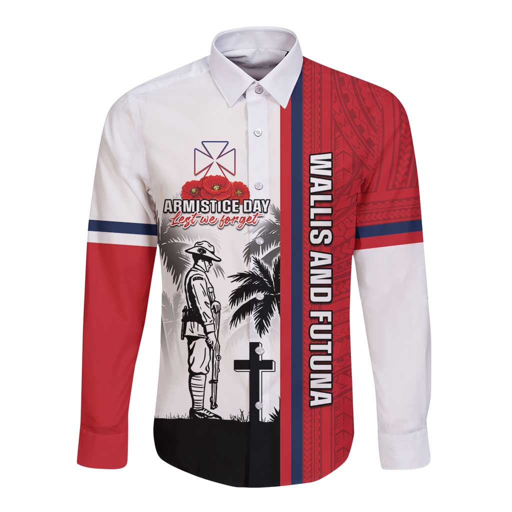 Wallis and Futuna Armistice Day Long Sleeve Button Shirt Lest We Forget Flag Style