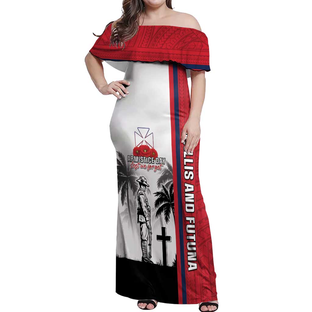 Wallis and Futuna Armistice Day Off Shoulder Maxi Dress Lest We Forget Flag Style LT05 Women White - Polynesian Pride