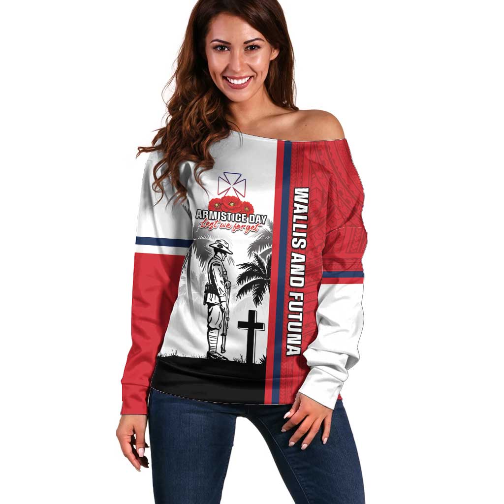 Wallis and Futuna Armistice Day Off Shoulder Sweater Lest We Forget Flag Style LT05 Women White - Polynesian Pride