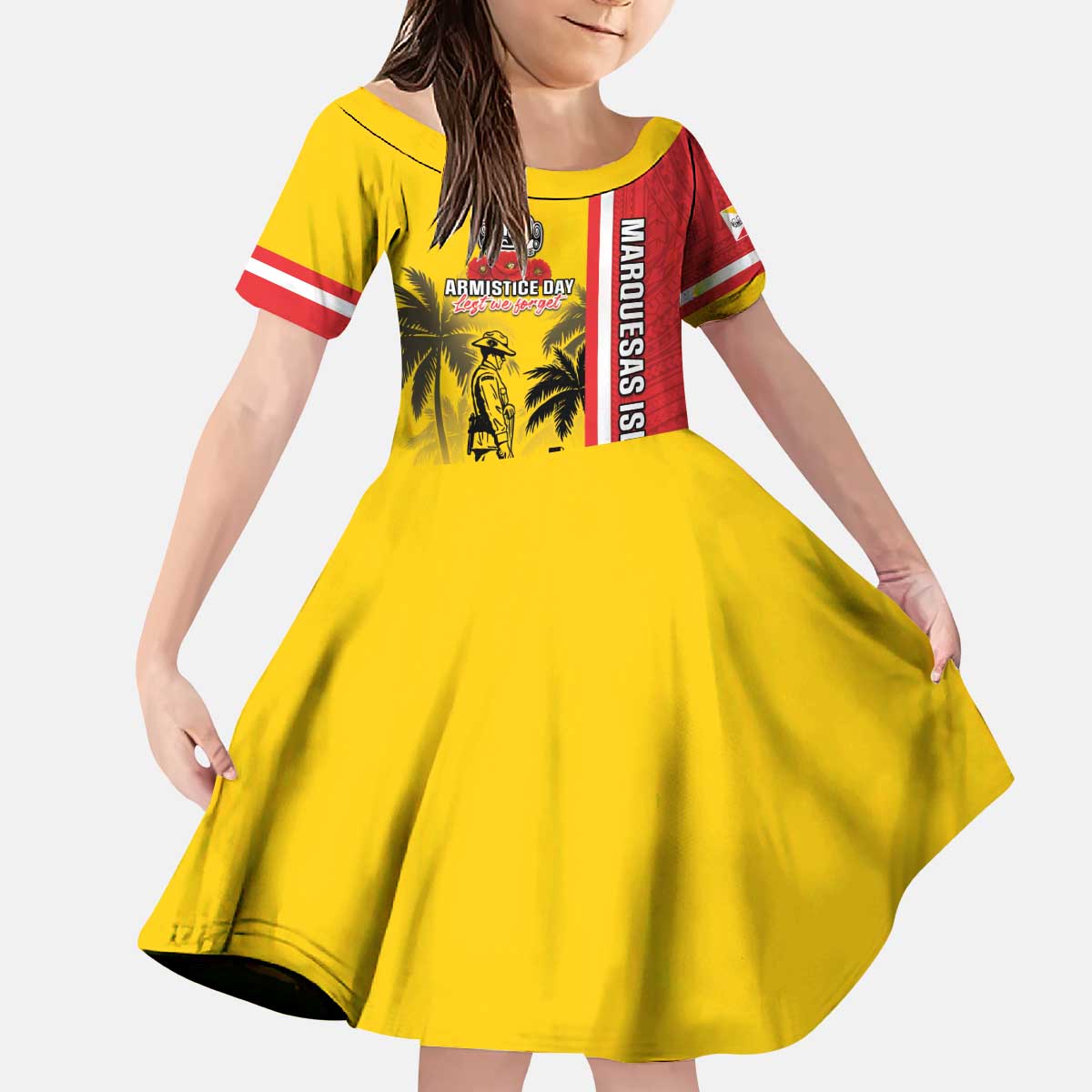 Marquesas Islands Armistice Day Kid Short Sleeve Dress Lest We Forget Flag Style LT05 KID Yellow - Polynesian Pride