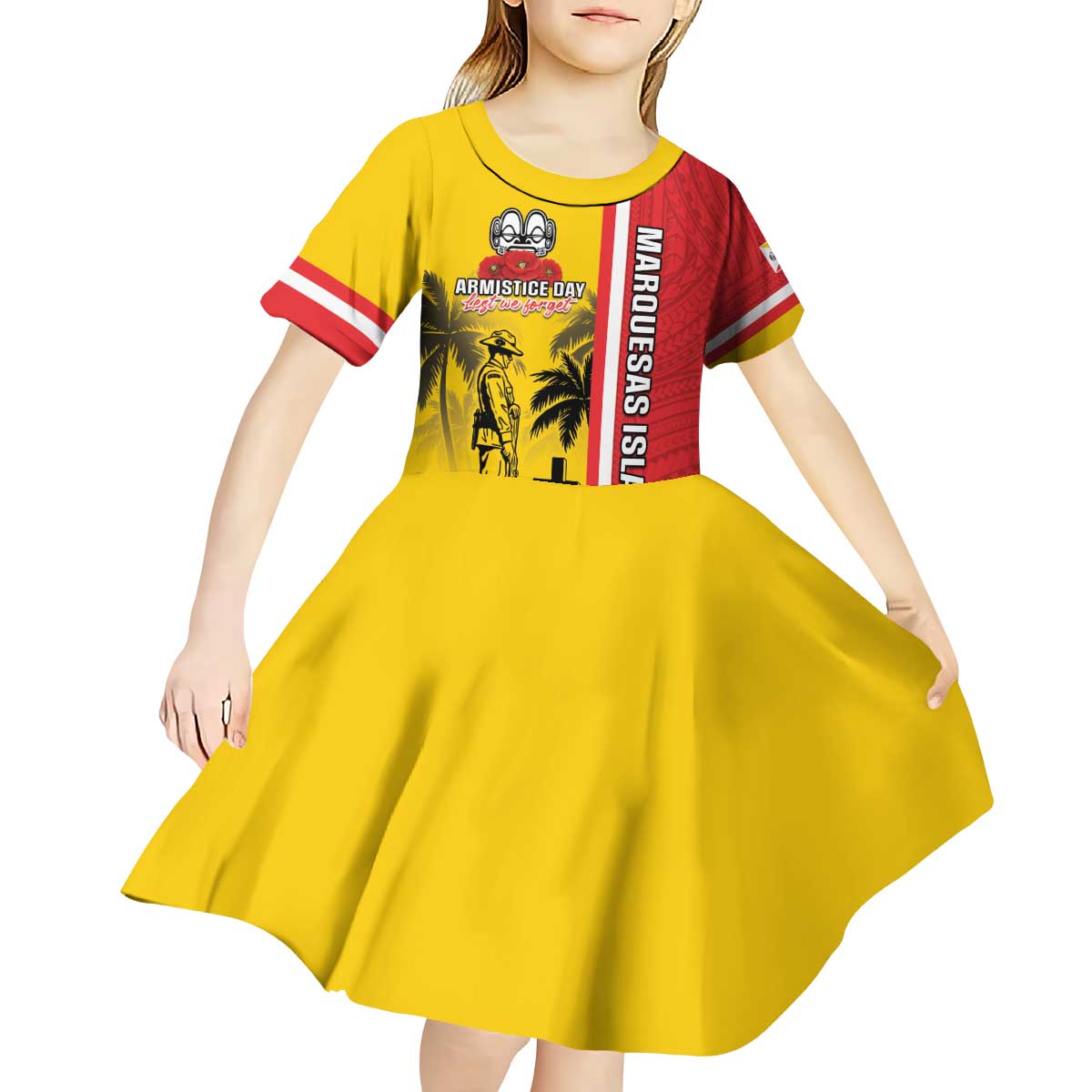 Marquesas Islands Armistice Day Kid Short Sleeve Dress Lest We Forget Flag Style LT05 - Polynesian Pride