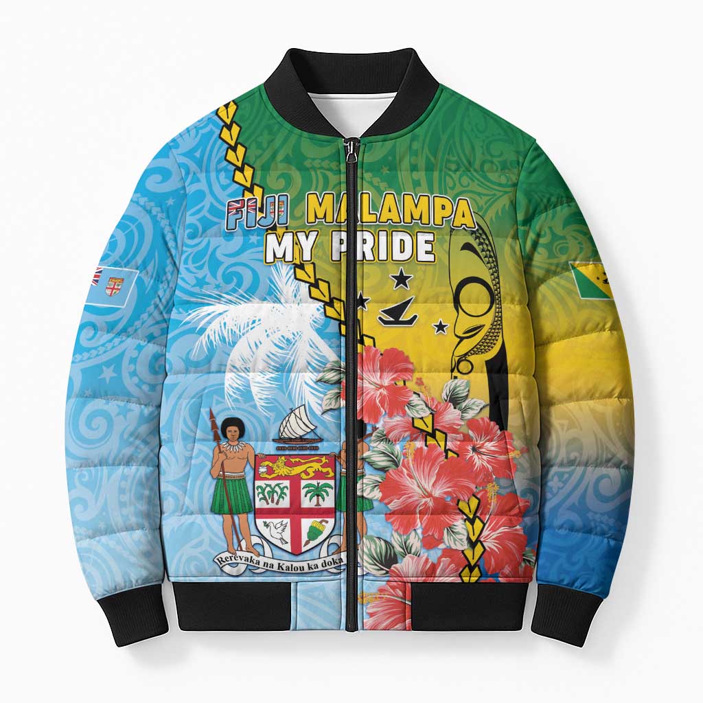 Personalised Malampa Fiji Day Bomber Puffer Jacket Tribal Pattern With Tropical Flowers LT05 Unisex Colorful - Polynesian Pride