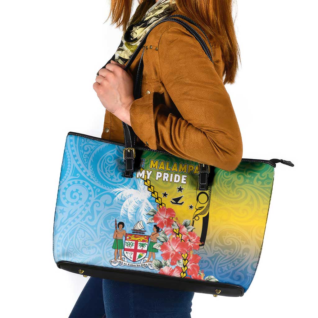 Malampa Fiji Day Leather Tote Bag Tribal Pattern With Tropical Flowers LT05 Colorful - Polynesian Pride