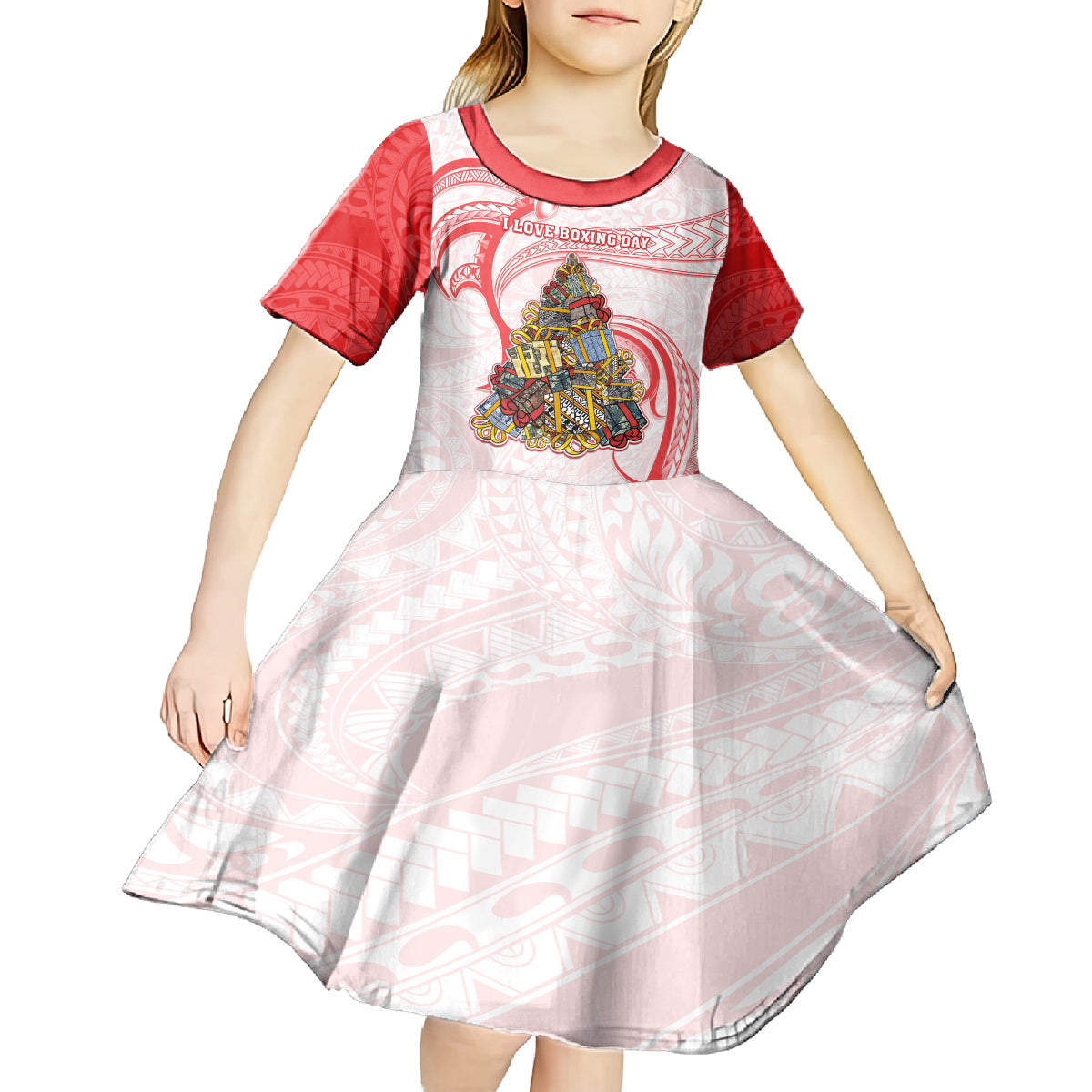 Personalized Happy Boxing Day Kid Short Sleeve Dress Polynesian Gift Boxes Christmas Tree LT05 - Polynesian Pride
