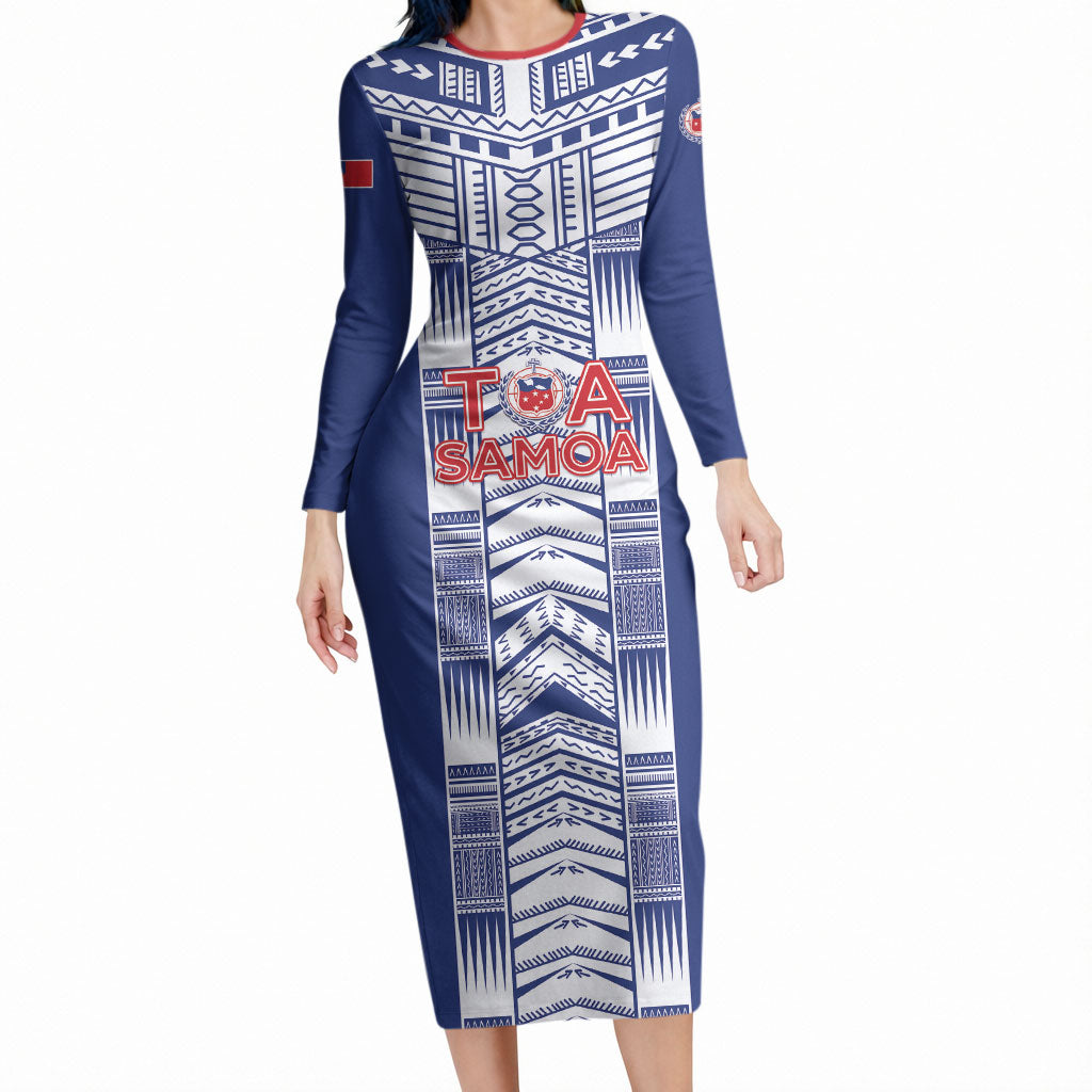 Custom Rugby Toa Samoa Long Sleeve Bodycon Dress Samoan Tatau Blue Version LT05 Long Dress Blue - Polynesian Pride