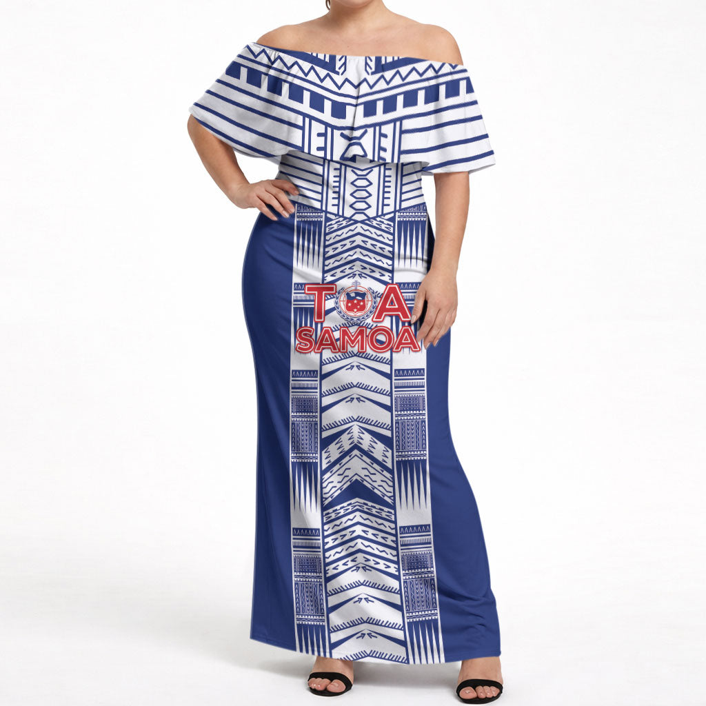 Custom Rugby Toa Samoa Off Shoulder Maxi Dress Samoan Tatau Blue Version LT05 Women Blue - Polynesian Pride