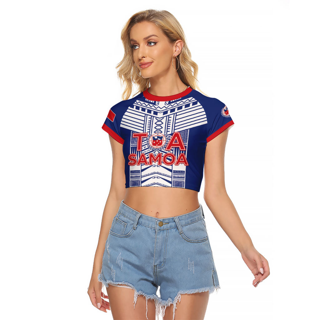 Custom Rugby Toa Samoa Raglan Cropped T Shirt Samoan Tatau Blue Version LT05 Female Blue - Polynesian Pride