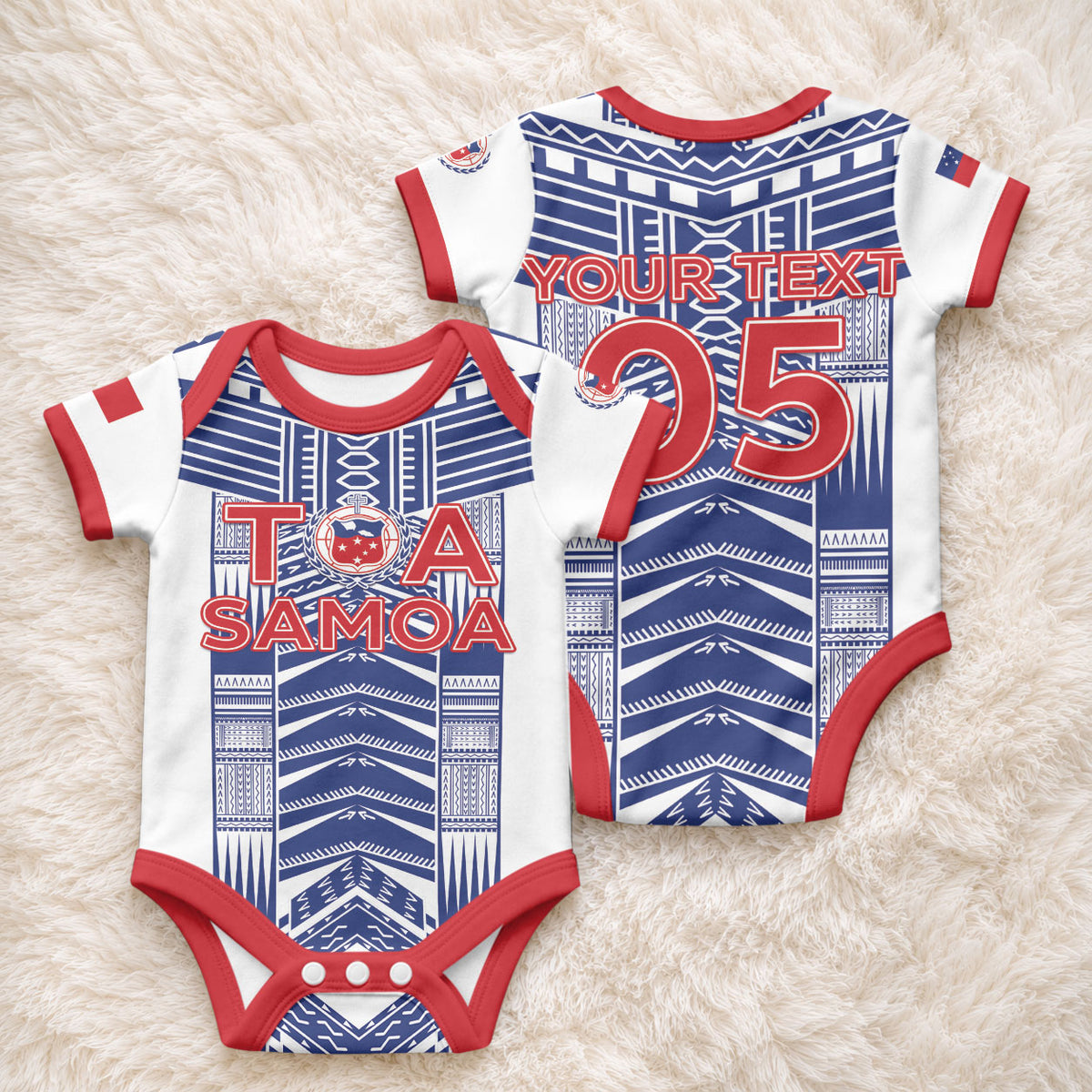 Custom Rugby Toa Samoa Baby Onesie Samoan Tatau White Version LT05 - Polynesian Pride