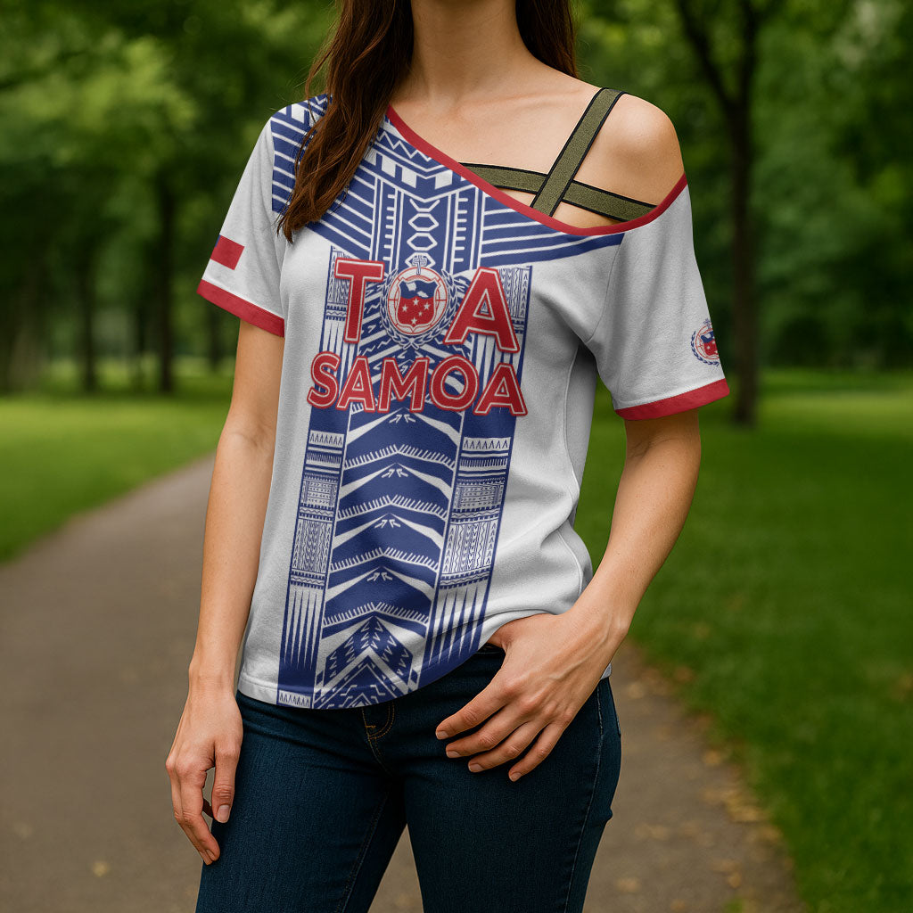 Custom Rugby Toa Samoa Cross Shoulder Shirt Samoan Tatau White Version LT05 - Polynesian Pride