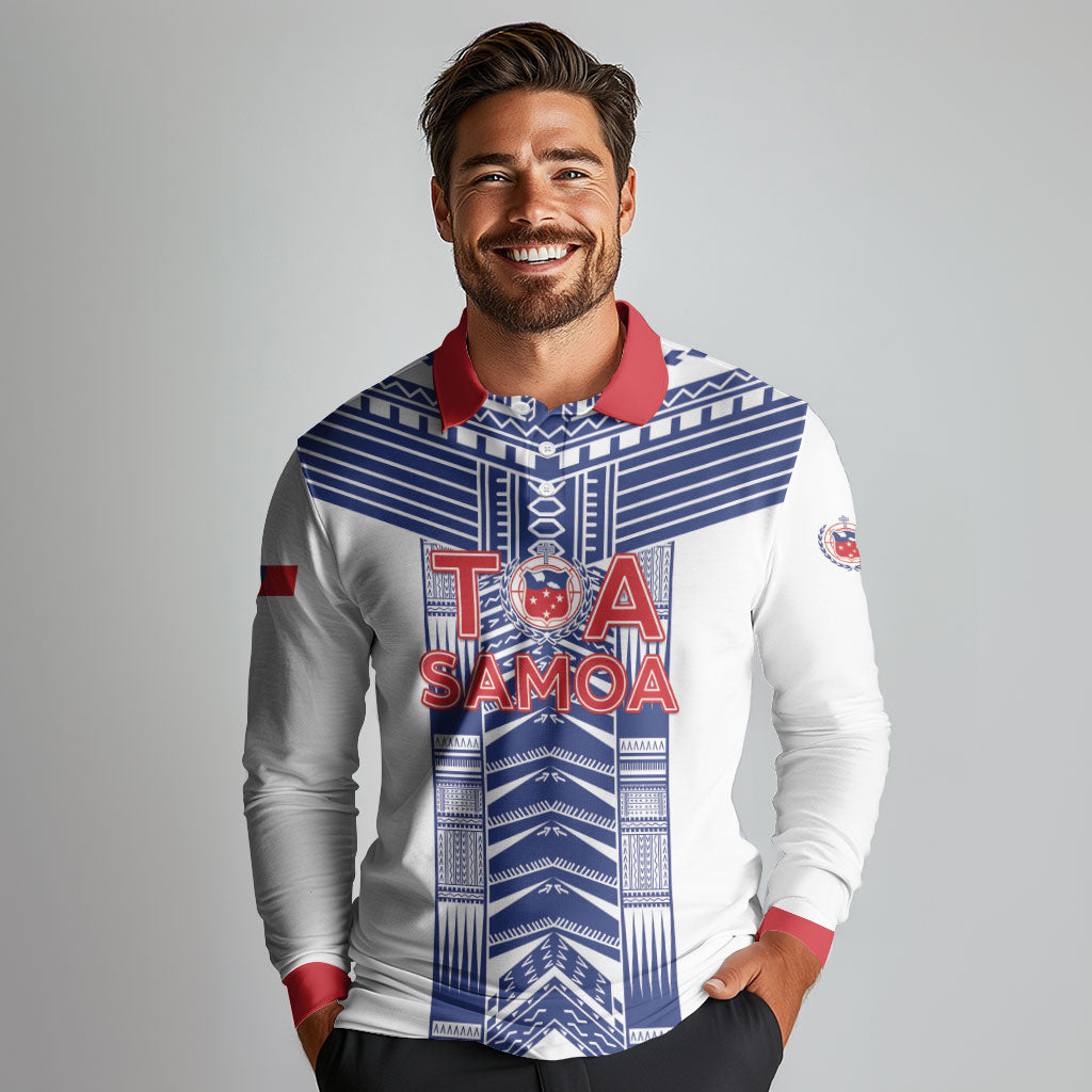 Custom Rugby Toa Samoa Long Sleeve Polo Shirt Samoan Tatau White Version LT05 - Polynesian Pride
