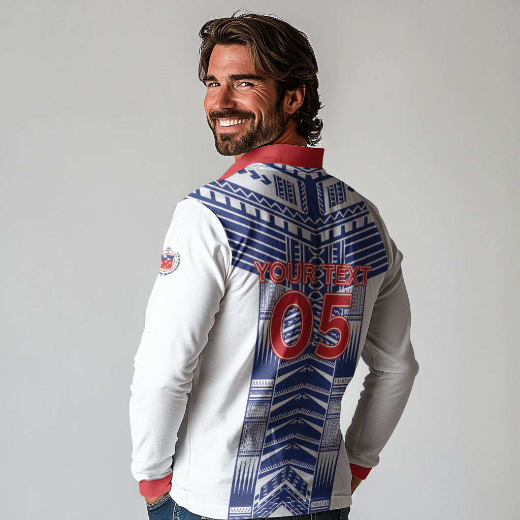 Custom Rugby Toa Samoa Long Sleeve Polo Shirt Samoan Tatau White Version LT05 - Polynesian Pride