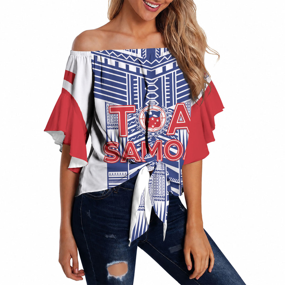 Custom Rugby Toa Samoa Off Shoulder Wrap Waist Top Samoan Tatau White Version LT05 White - Polynesian Pride