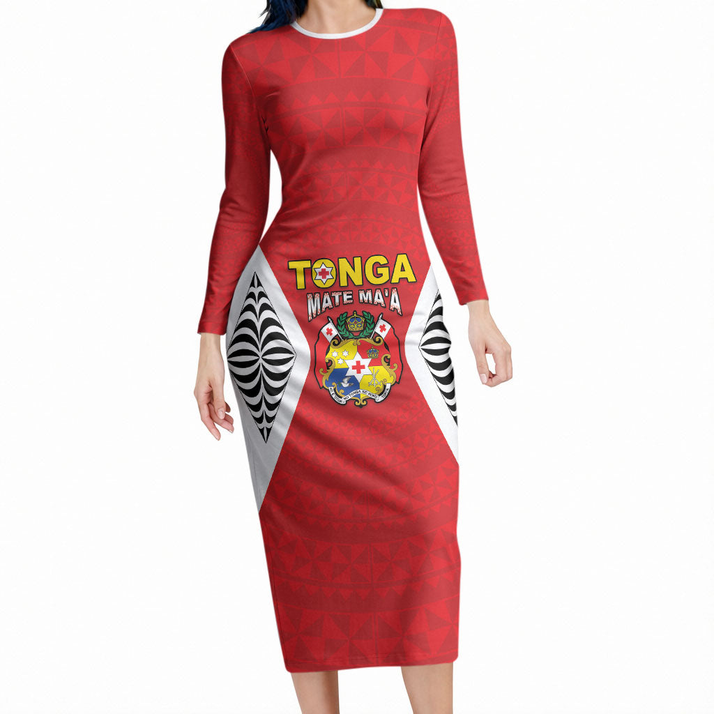 Custom 2026 Tonga Rugby XIII Long Sleeve Bodycon Dress Sporty Style LT05 Long Dress Red - Polynesian Pride