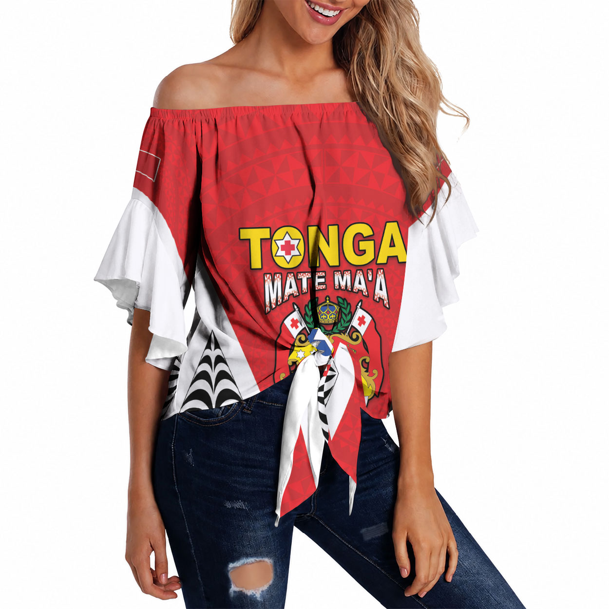Custom 2026 Tonga Rugby XIII Off Shoulder Wrap Waist Top Sporty Style LT05 Red - Polynesian Pride