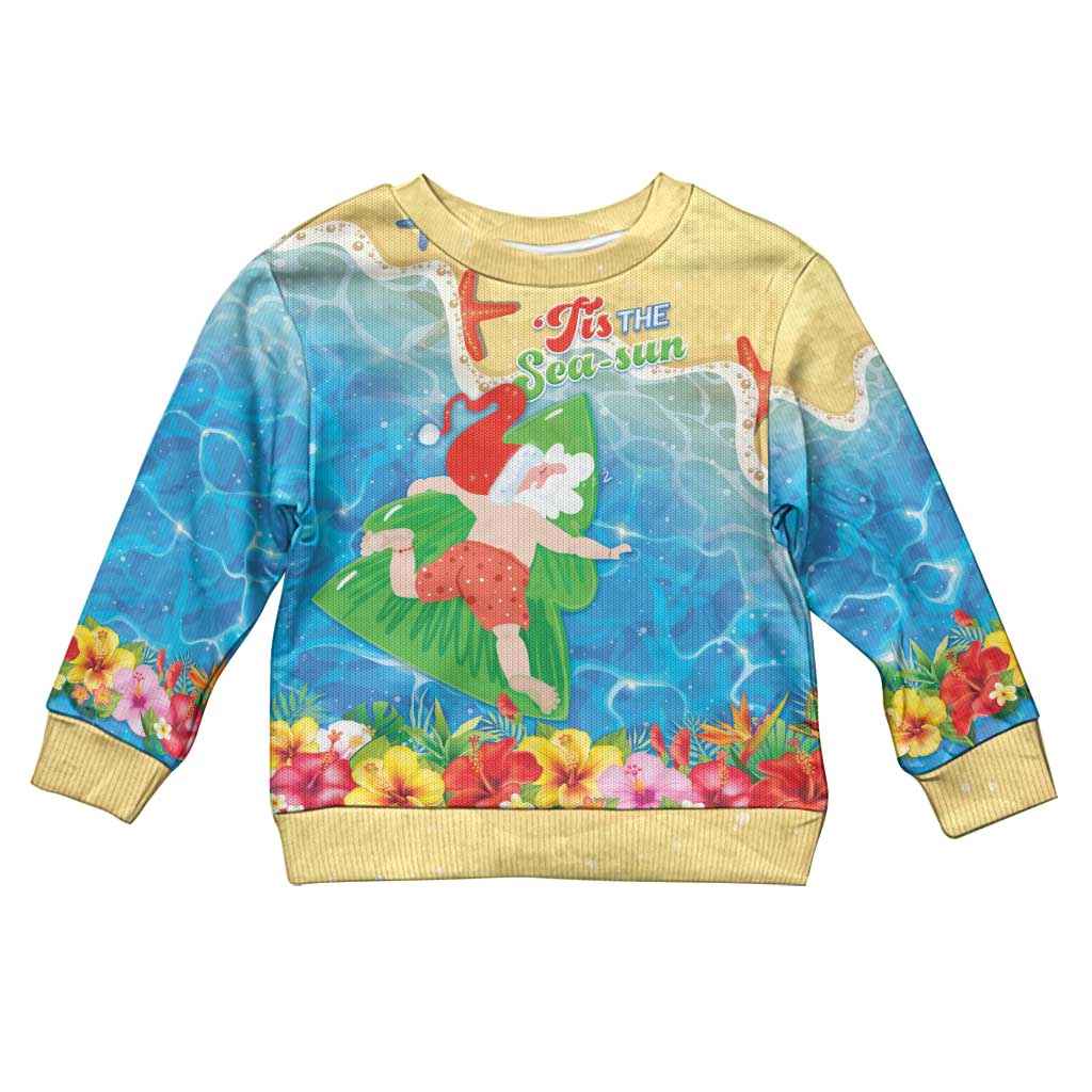 Christmas In Hawaii Kid Ugly Christmas Sweater Tis The Sea Sun LT05 Kid Blue - Polynesian Pride